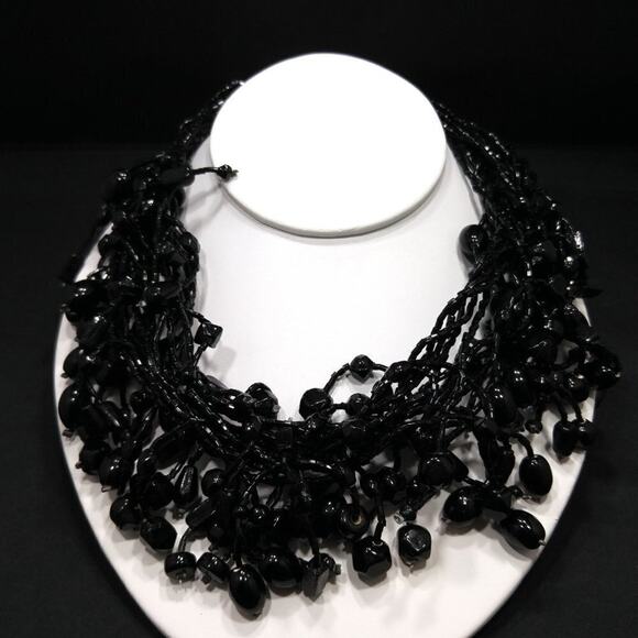 Vintage Black Glass Beaded Necklace, 12 Strands, Black Seed Beads, 21 Inches - Picture 3 of 8